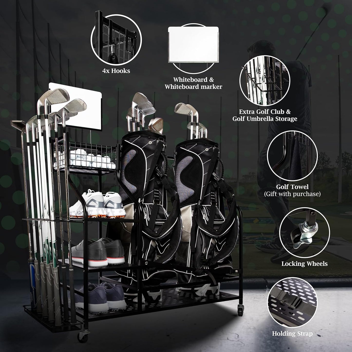 Heavy-Duty Golf Storage Rack for Garage – Holds 2 Golf Bags – Freestanding Organizer with Shelves, Club Stand, Hooks & Basket – Perfect for Shed, Backyard, Home Simulators, Basement