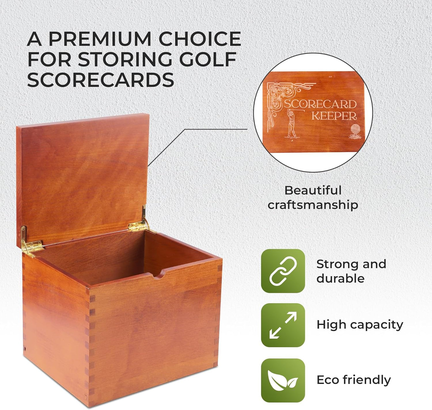 Golf Scorecard Keeper - Storage Box Organizer for Scorecards Photos and Accessories | Comes with 10 Dividers and 2 Score Logs - Display Golf Score Card Collection Neatly - Great Gift for Golfers