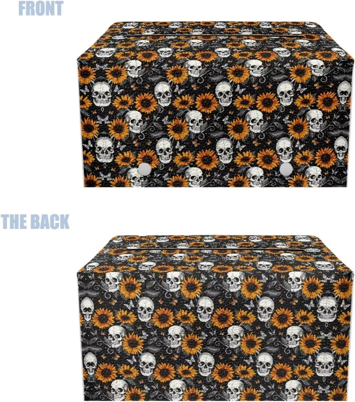 Halloween Tissue Box Cover with Skull Sunflower Print Waterproof Portable for Travel Designed with Modern PU Leather Folding Indoor Decorations 9.7"x5.2"x5.12" Easy to Clean