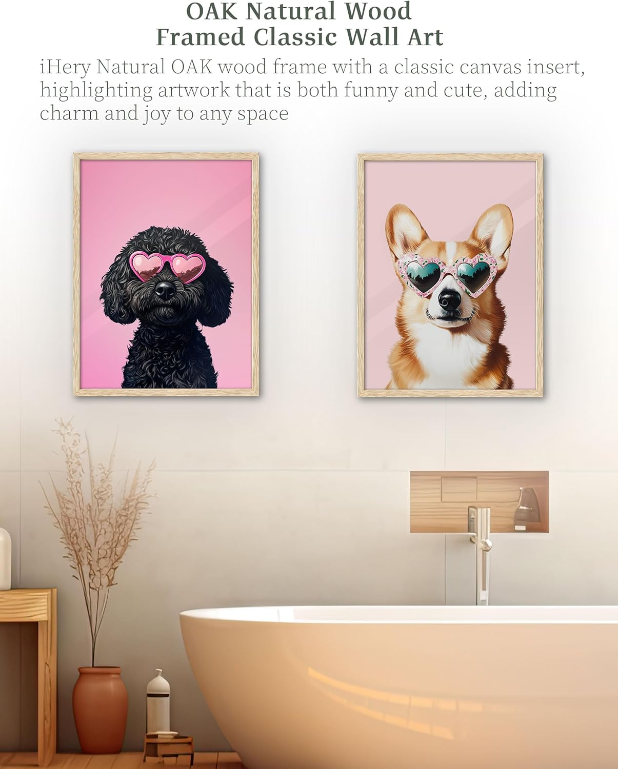 iHery Natural OAK Wood Black Goldendoodle Dog Framed Wall Art, 12x16in Funky Preppy Heart-Shaped Glasses Canvas Wall Art Decor For Bedroom, Cute Dog Prints Apartment Bathroom Living Room Set of 1