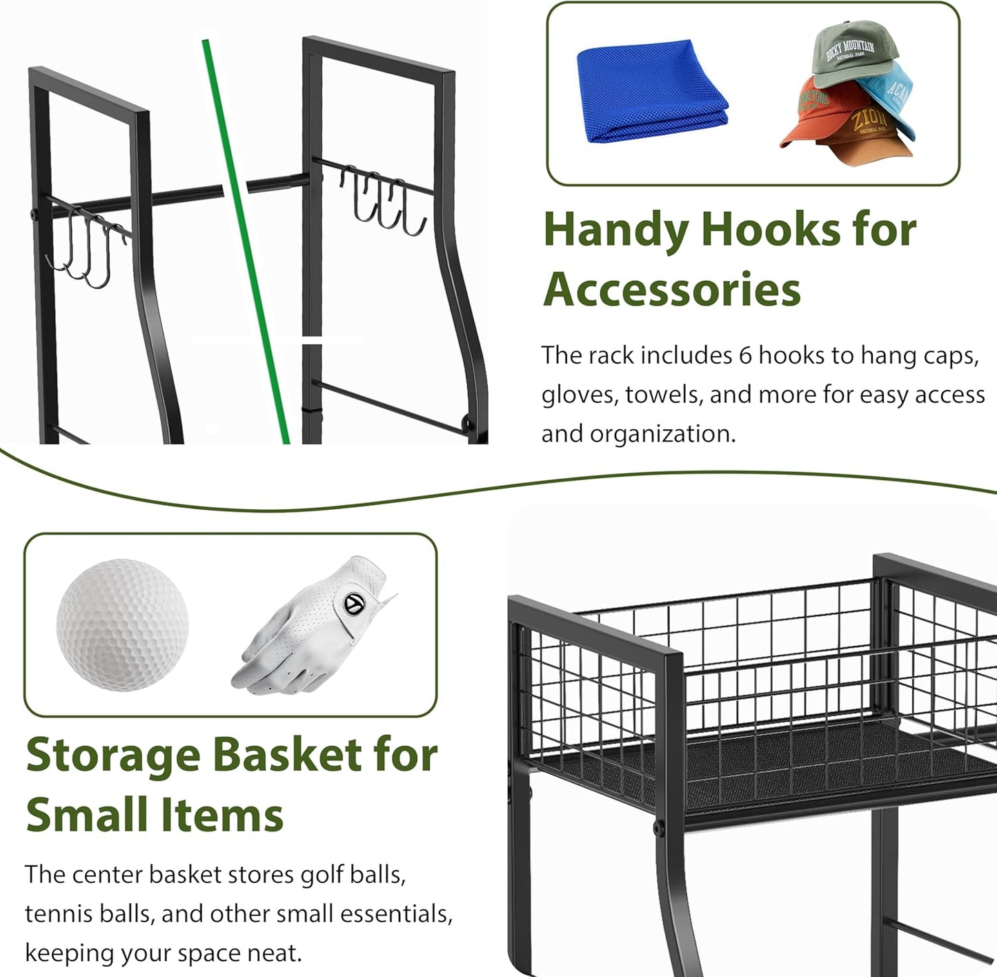 Golf Bag Storage Organizer for Garage Organization, Golf Bag Stand for Golf Bag Accessories, Spacious Golf Rack for Golf Clubs & Golf Essentials, Ideal Golf Gifts for Men (Fits 2 Golf Bags)