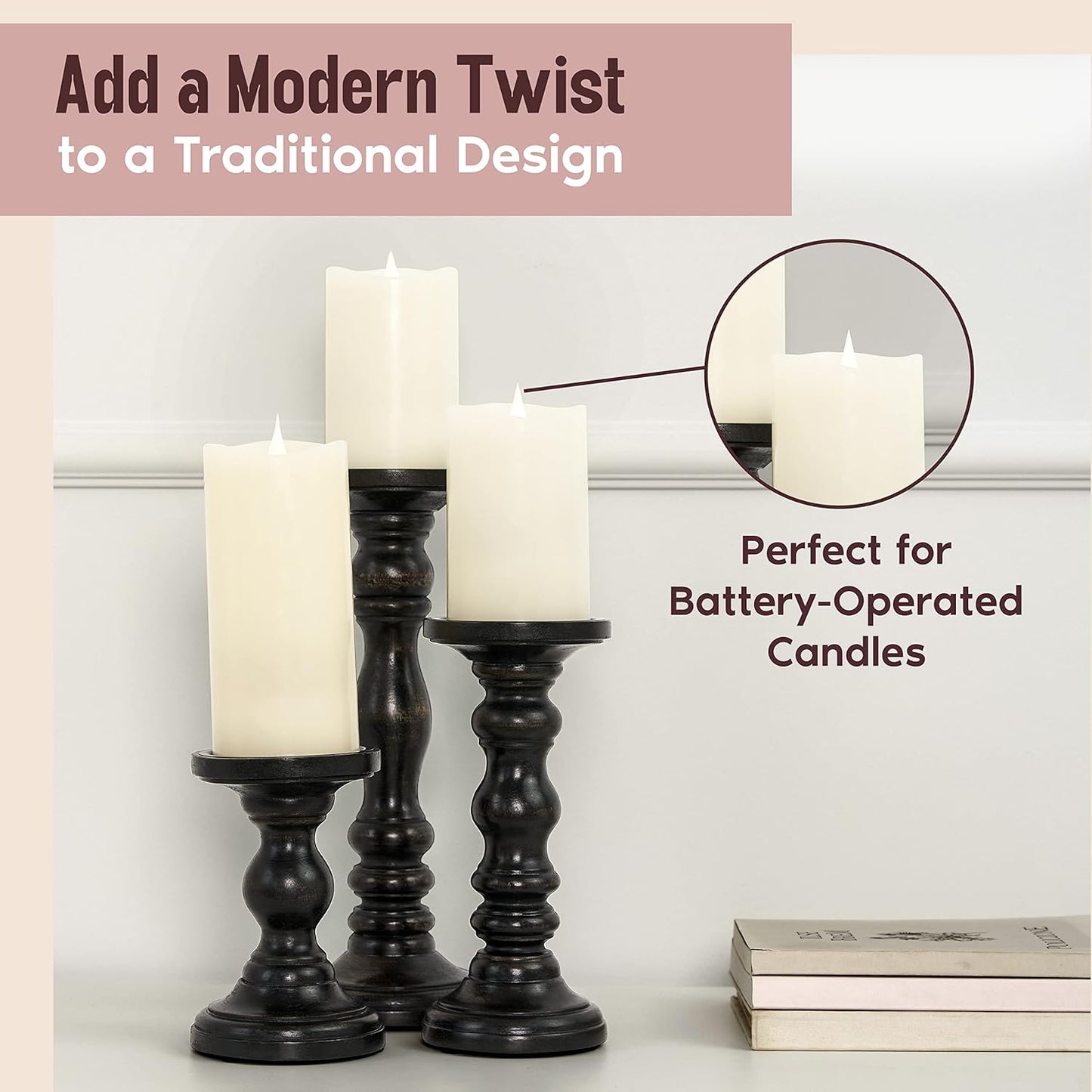 Large Candle Holders for Pillar Candles - Decorative Rustic Centerpiece Pillars Compatible with Battery-Operated Candles - Tall Farmhouse Wooden Candle Holders Pillar - Set of 3