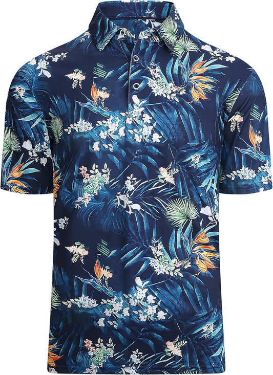 Alex Vando Mens Hawaiian Golf Shirt Moisture Wicking Digital Print Golf Shirts for Men