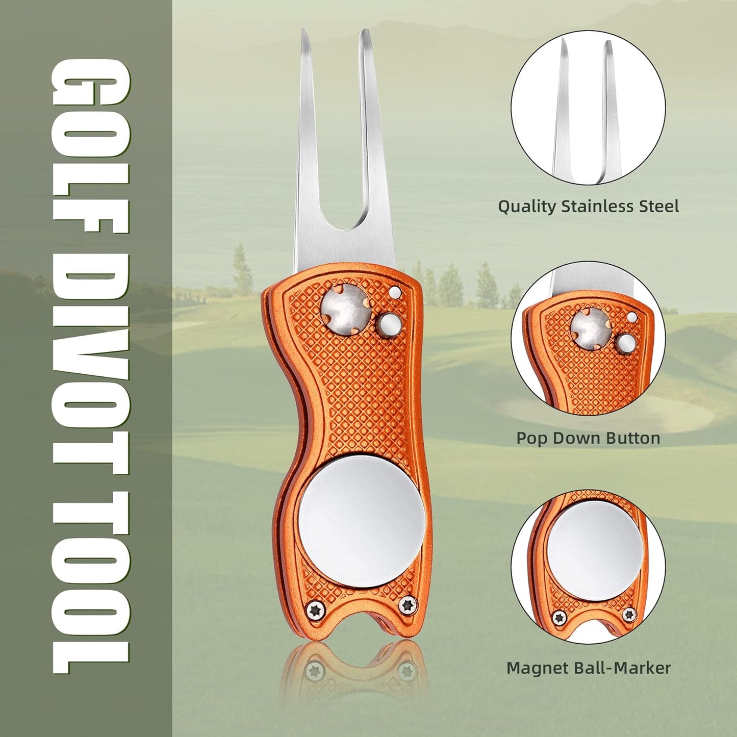Mile High Life Golf Divot Repair Tool, All Metal Foldable Divot Tool with Pop-up Button & Magnetic Ball Marker, 2-6 Pack
