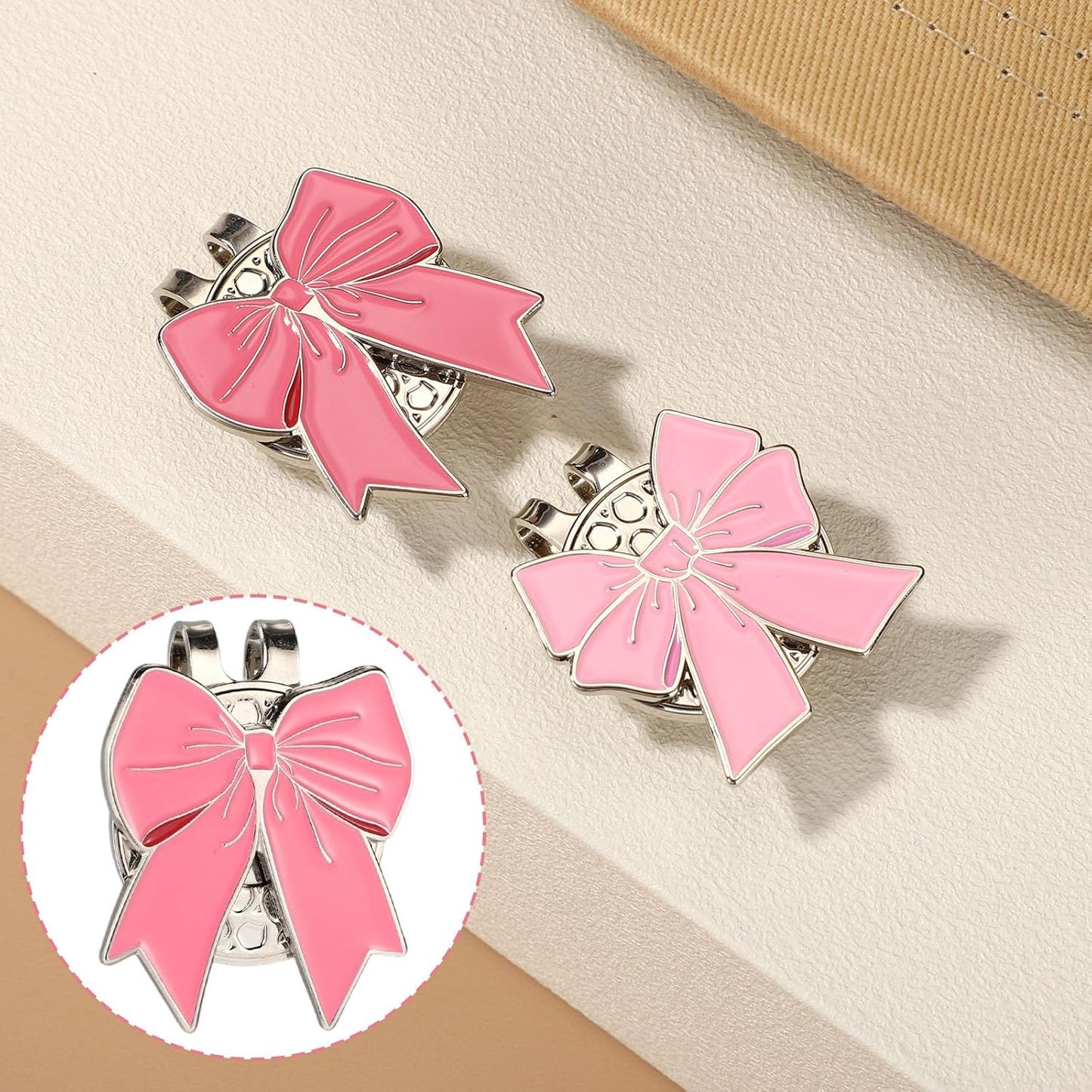 2pcs Magnetic Golf Ball Markers, Pink Bow Golf Ball Marker Hat Clip Strong Magnetic Cute Decoration Accessory for Hat Bags Women Golfer