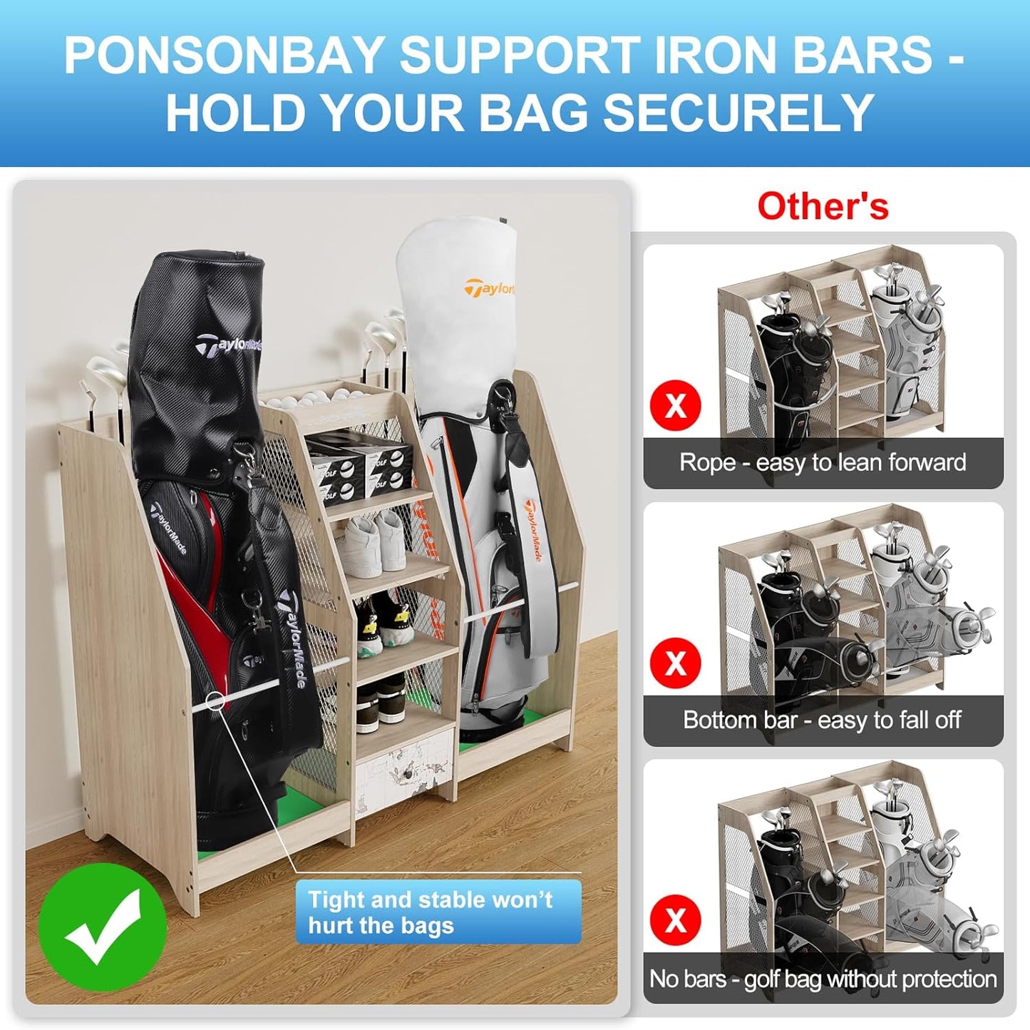 Golf Bag Storage Organizer for Garage, Premium Wooden 2 Golf Bags Rack with Drawer, Easy Assemble Golf Club Stand/Holder Suitable for Garage Home Simulator and Office