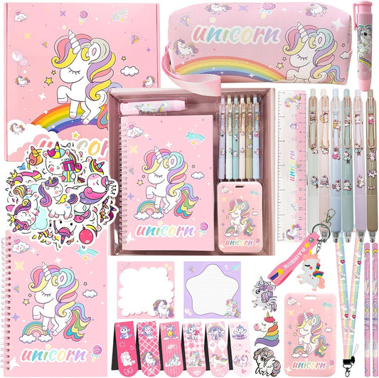 Unicorn cute School Supplies Kawaii Stationery Present Set , Including Ballpoint Pens, Pencil Case, ID Badge Holder, Stickers, Key Chain, A5 Notebook, Bookmark, Eraser, Ruler for Girls Teens