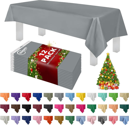 Grandipity 12 Pack Premium Disposable Plastic Tablecloth 54 Inch. x 108 Inch. Decorative Rectangle Table Cover - Silver