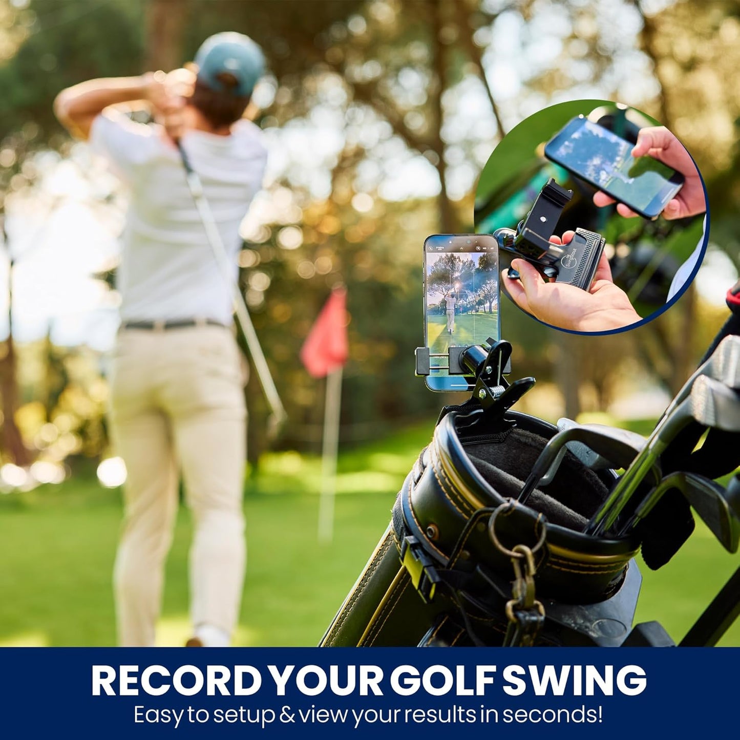 Record Your Golf Swing | Golf Bag Phone Holder | Clip to Your Golf Bag | No Extra Equipment Needed | Quick Setup | Fits Any Cellphone | Perfect Golf Gift