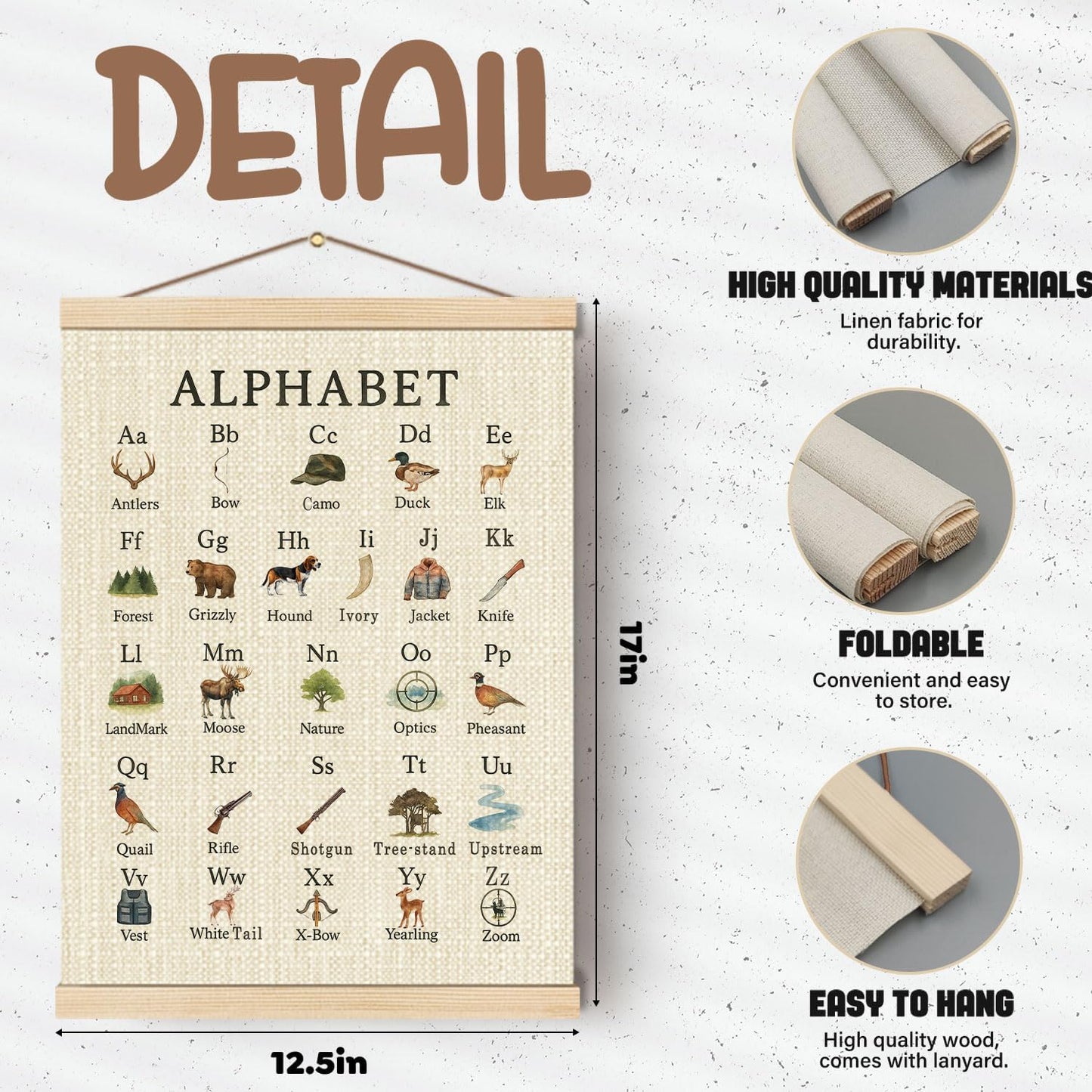 Boat Wades Hunting Alphabet Nursery Wall Art Poster Hanger Frame, Forest Nursery Decor, Educational Alphabet Hunting Hanging Wall Decor for Toddler Boys Bedroom Playroom Classroom, 12x16 Inch