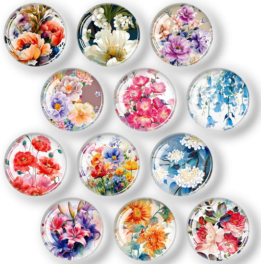 FIDNMAG Refrigerator Magnets, 12 Pcs Glass Fridge Magnets, Flower Magnet for Fridge, Decorative Magnet Small Cute for Refrigerator, Office, Home, Kitchen, Board, Locker, Fun, Adult, Classroom, Floral