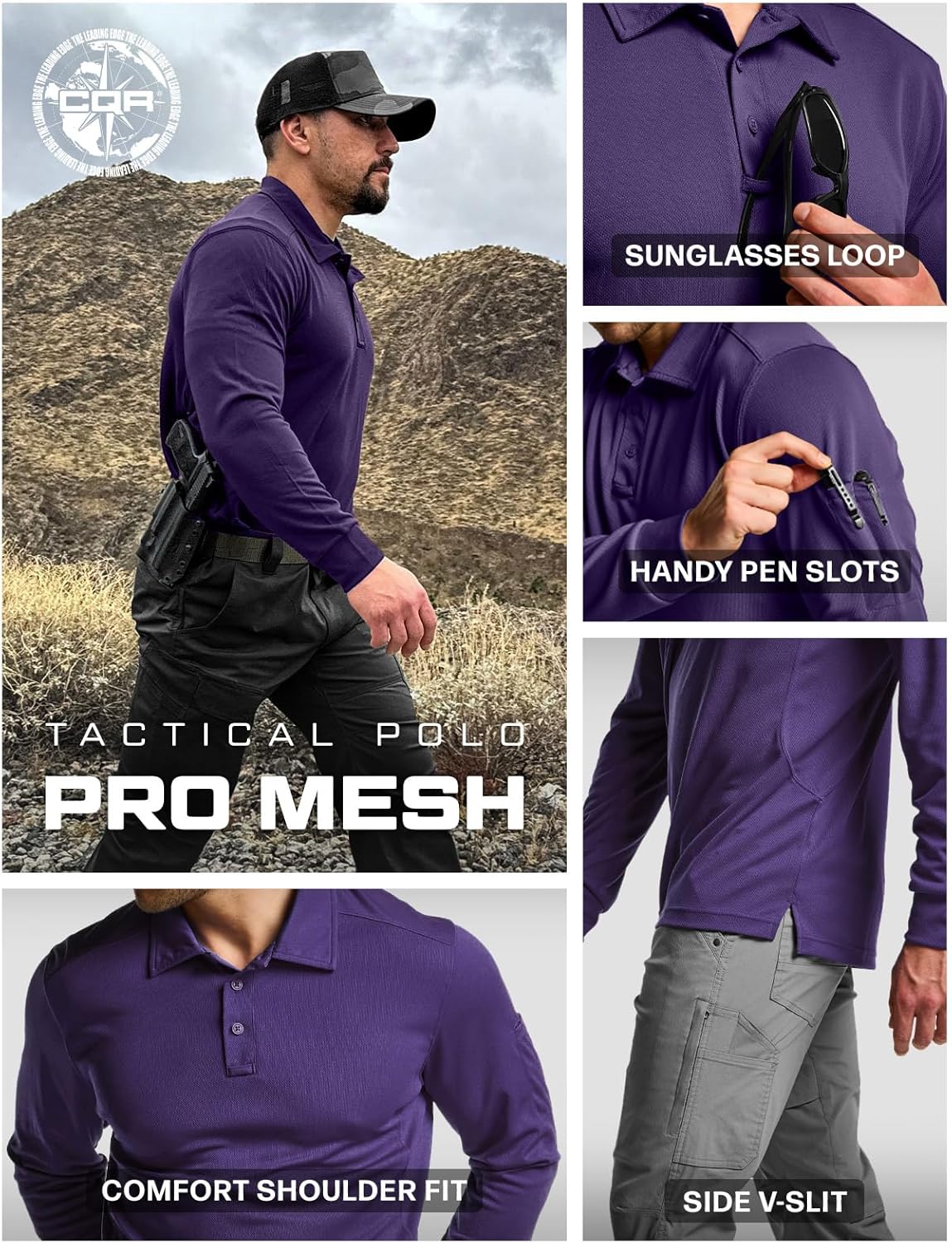 CQR Men's Polo Shirt, Long Sleeve Tactical Shirts, Outdoor UPF 50+ Pique Shirt, Dry Fit Lightweight Golf Shirts