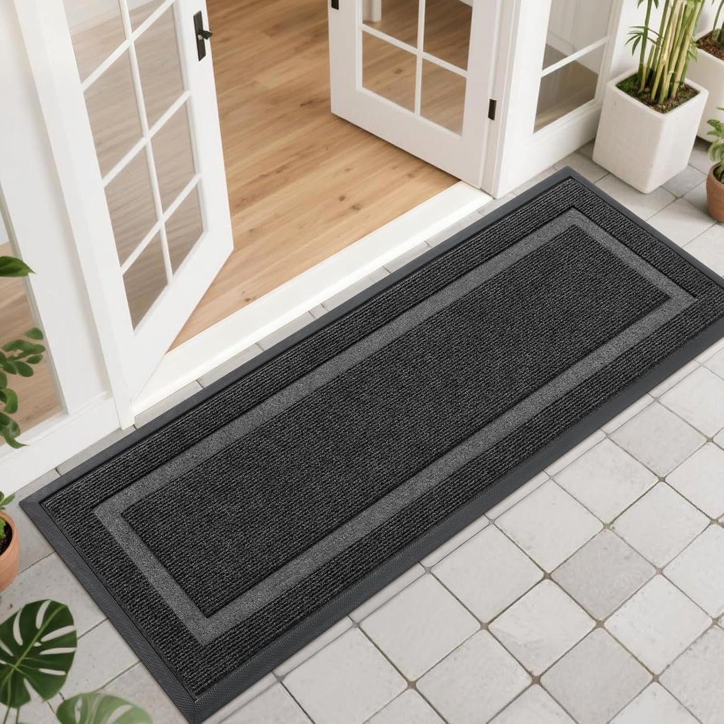 OLANLY Front Door Mat Indoor Outdoor Entrance, Waterproof All-Season, All-Weather Doormat, Sturdy Natural Rubber, Fade Resistant, Low Profile, Easy Clean Patio Porch Entryway Mat, 47x17, Black