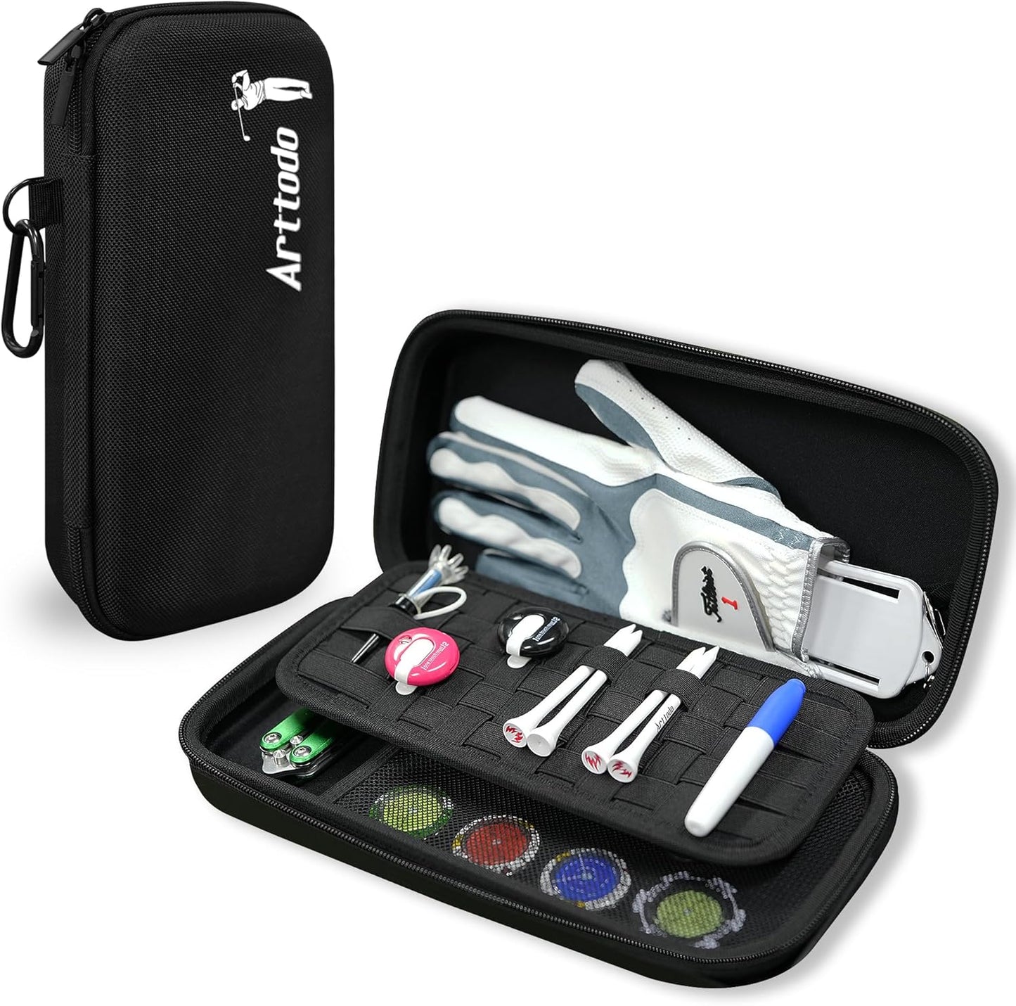 Golf Glove Case with Glove Shaper, Golf Accessories Storage Case for Tees, Ball Markers, Phone, Hard Shell Golf Bag Organizer for Golfers. A Golf Bag Accessories Must Have