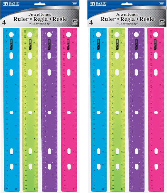 BAZIC Products Jeweltones Color Plastic Ruler 12" (30cm), Inches Centimeter Metric Measuring Drafting Rulers, for Students School Supplies (4/Pack), 2-Packs