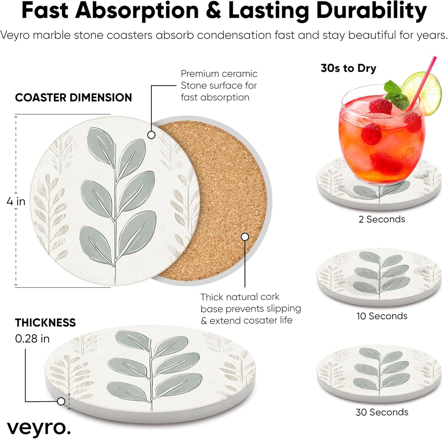 VEYRO Coasters Set of 4 for Drinks – Absorbent Ceramic Stone Drink Coasters with Cork Backing for Coffee Table & Desk, Modern Boho Look Cup Coaster Set, Housewarming Gift for New Home