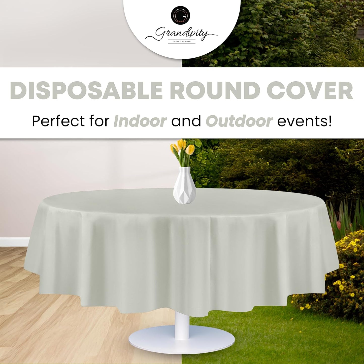 Grandipity 12 Pack Premium Disposable Plastic Tablecloth 84" Inch Decorative Round Table Cover - Light Grey