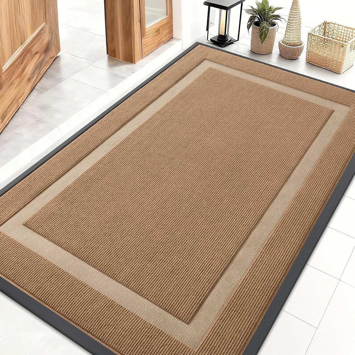 OLANLY Front Door Mat Indoor Outdoor Entrance, Waterproof All-Season, All-Weather Doormat, Sturdy Natural Rubber, Fade Resistant, Low Profile, Easy Clean Patio Porch Entryway Mat, 71x47, Light Brown