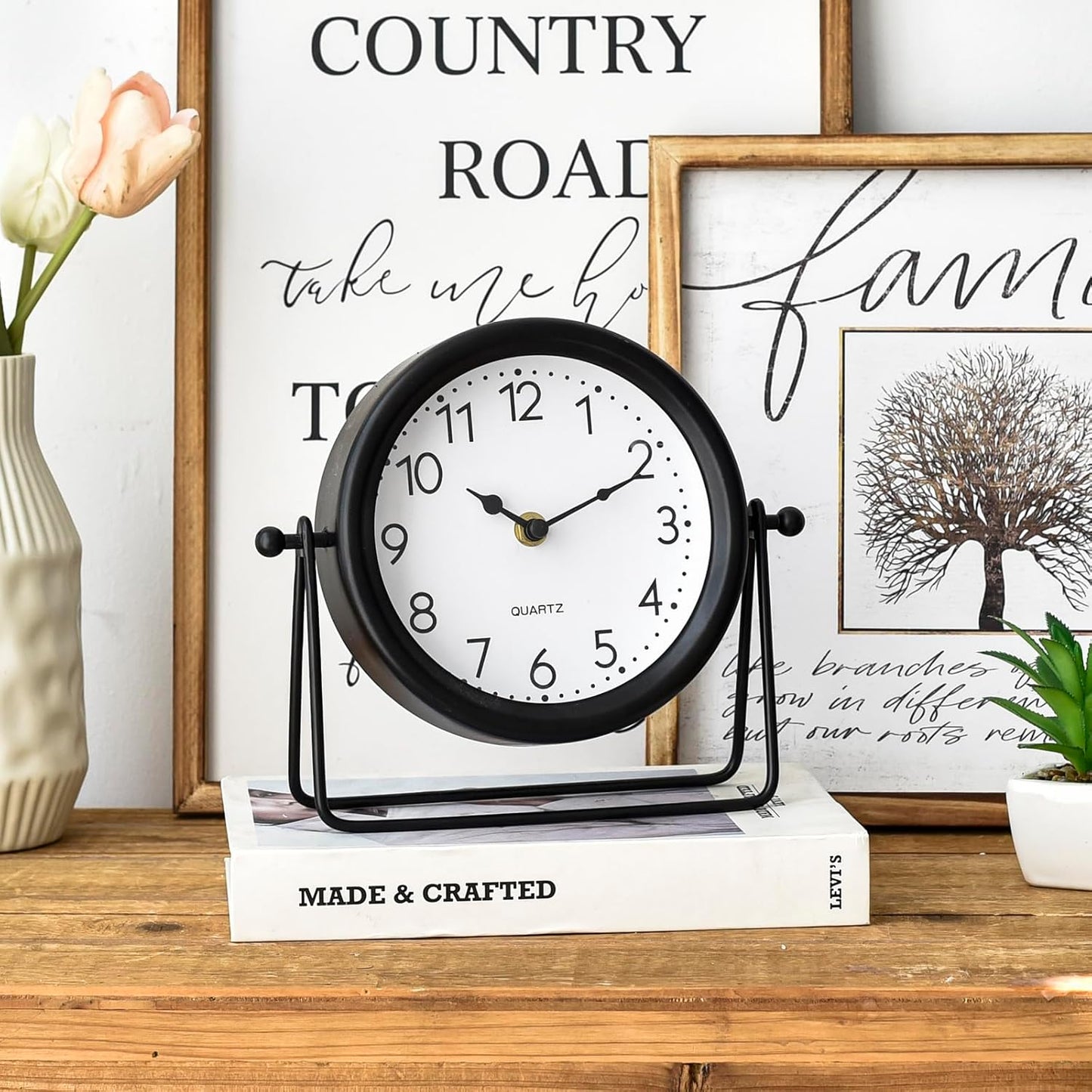 Vintage Black Table Clock - Decorative Battery Operated Desk Clock with Stand, Silent Non-Ticking for Living Room Shelf Decor, 8.6 x 7.8 Inches