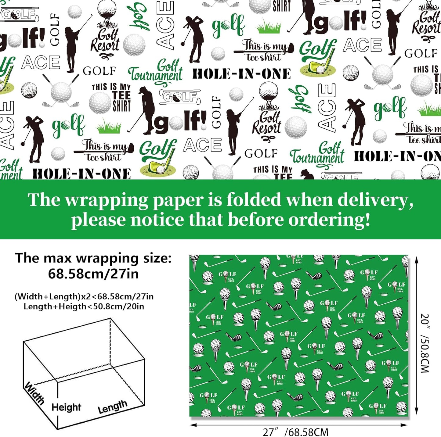 Golf Wrapping Paper Set, 12 Sheets Golf Patterns Gift Wrap Paper Golf Clubs, Balls, Carts, and Green Argyle Designs Theme Art Paper for Wedding Bridal Shower Baby Shower 20'' x 27'' , 6 Styles