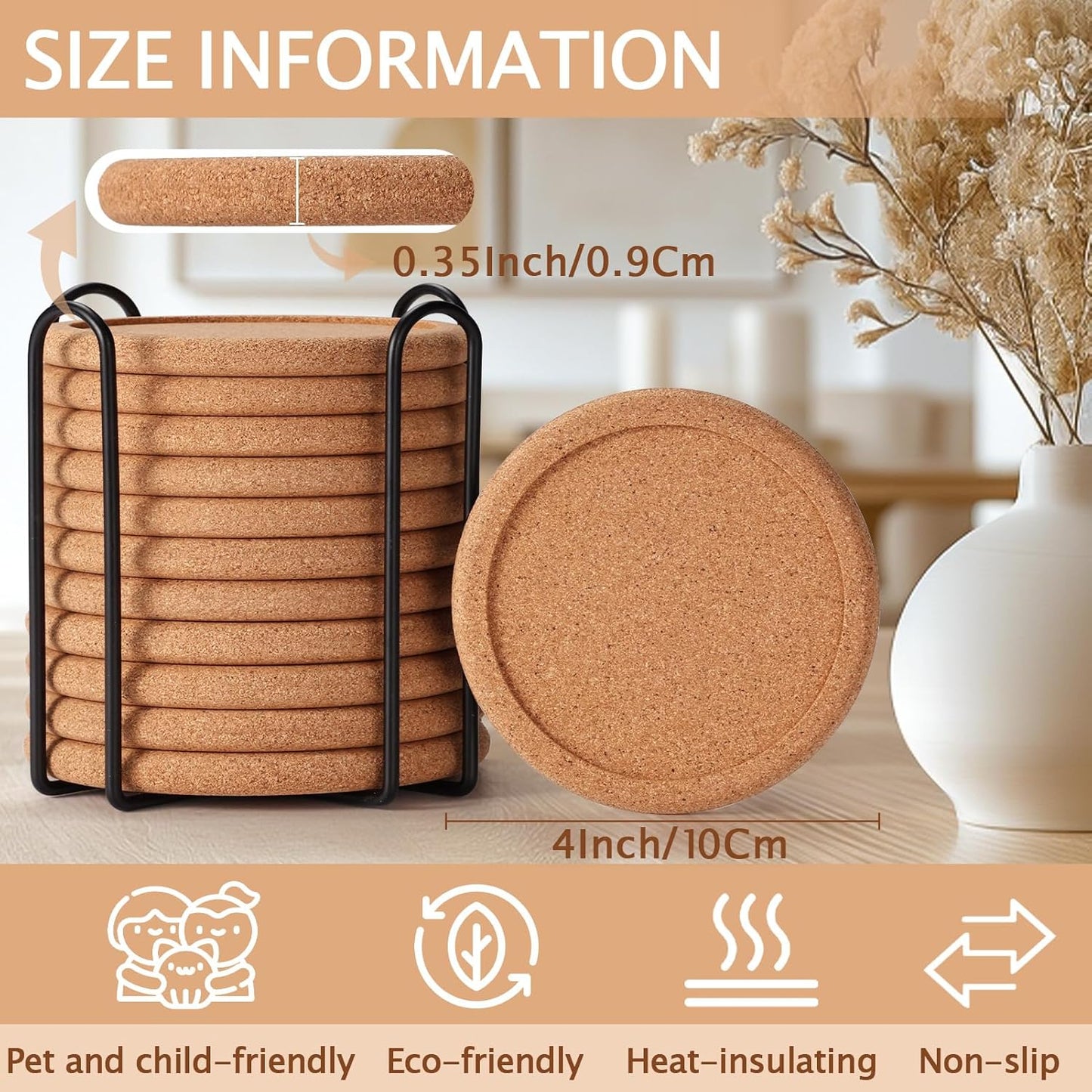 Cork Coasters for Drinks with Metal Holder, GOH DODD Absorbent Blank Coasters Tabletop Protection Home Decor for Housewarming Gifts Wedding Laser Engraving Wood Burning, Set of 12, Round, 4 Inch