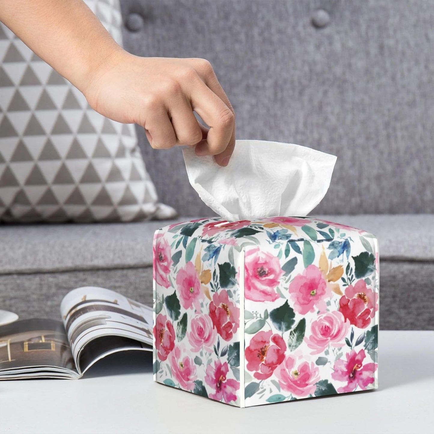 Pink Flowers and Green Leaves Tissue Box Cover Square,Abstract Watercolor Floral Tissue Box Holder Waterproof Leather Facial Paper Organizer Dispenser for Bathroom Home Car Nightstand Vanity Desk