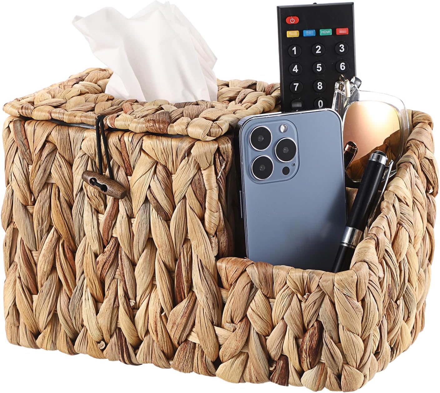 Sumnacon Square Tissue Box Cover with Side Organizer - Wicker Cube Tissue Box for Bathroom Toilet (Water Hyacinth, Natural)