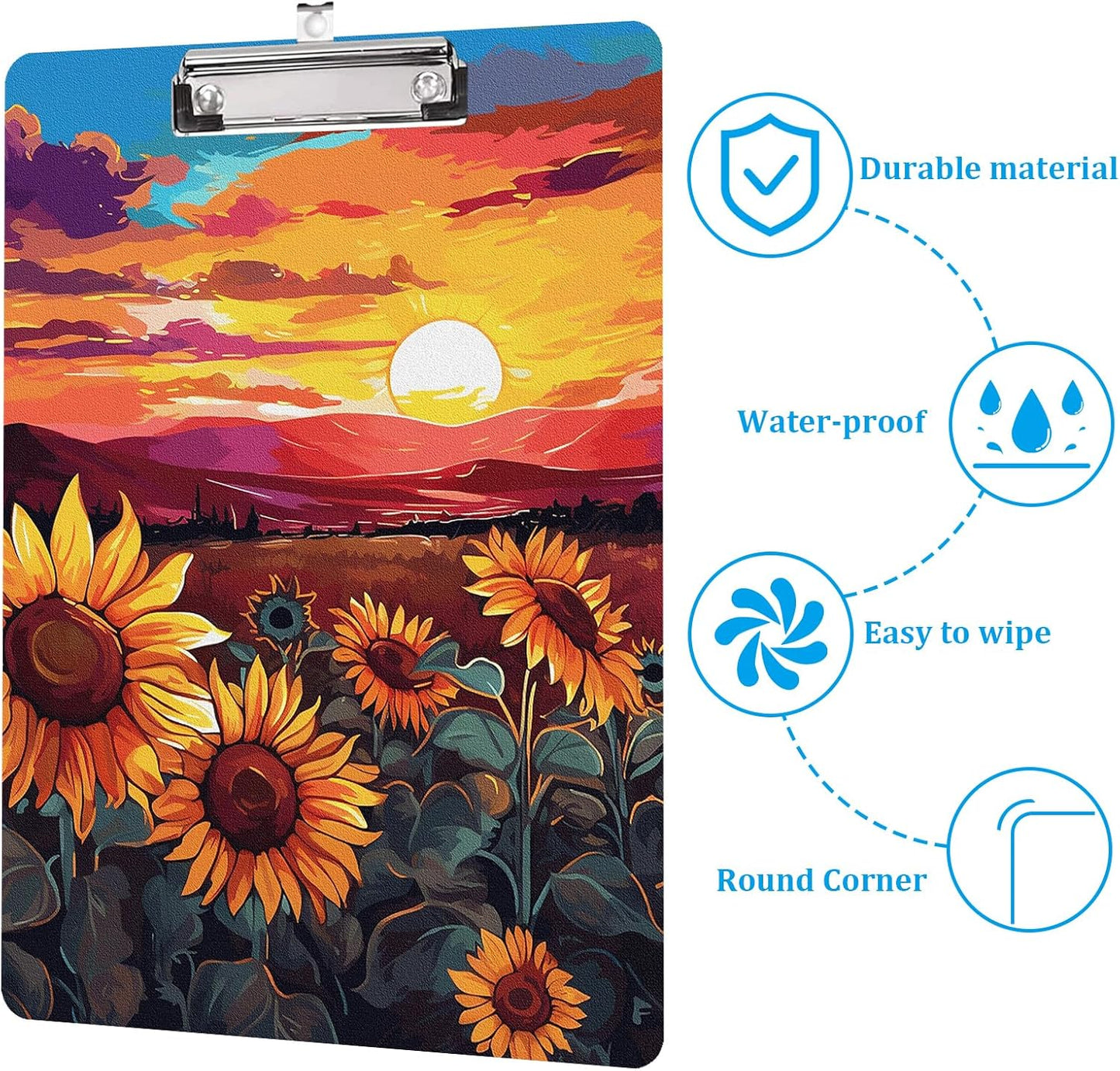 Sunflowers and Sunset Clipboard A4 Letter Size Plastic Decorative Clipboards for Teacher,Nurse Doctor Student and Kid Cute Design for Standard Size 12.5 x 8.7