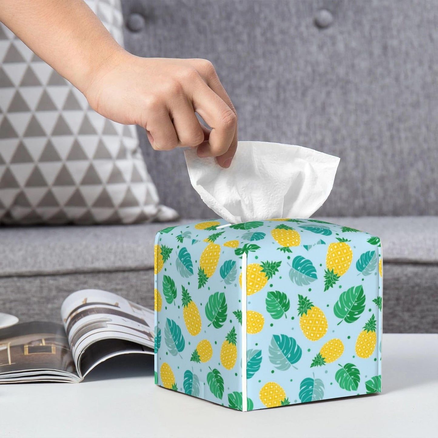Pineapple and Tropical Leaves Tissue Box Cover Leather Tissue Box Holder Square Facial Paper Organizer Dispenser for Bathroom Kitchen Bedroom Vanity Countertop Night Stands