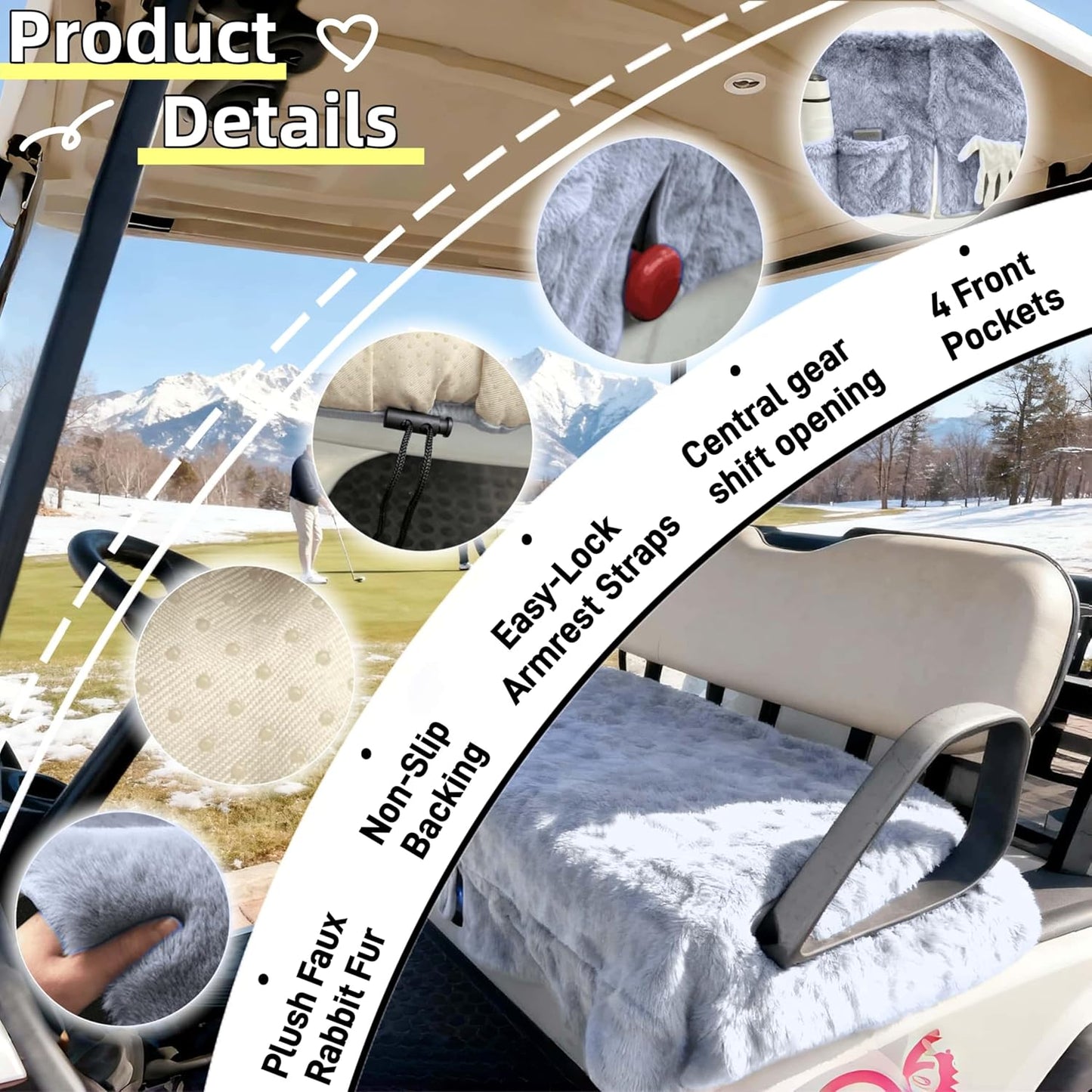 Golf Cart Seat Covers - Soft Faux Fur Seat Blanket, with 4 Pockets, Non-Slip, Thick & Warm, Fit EZGO, Club Car, Yamaha, Epic and Other 2-Seat Golf Cart, All-Season, 51"x 33", Light Gray
