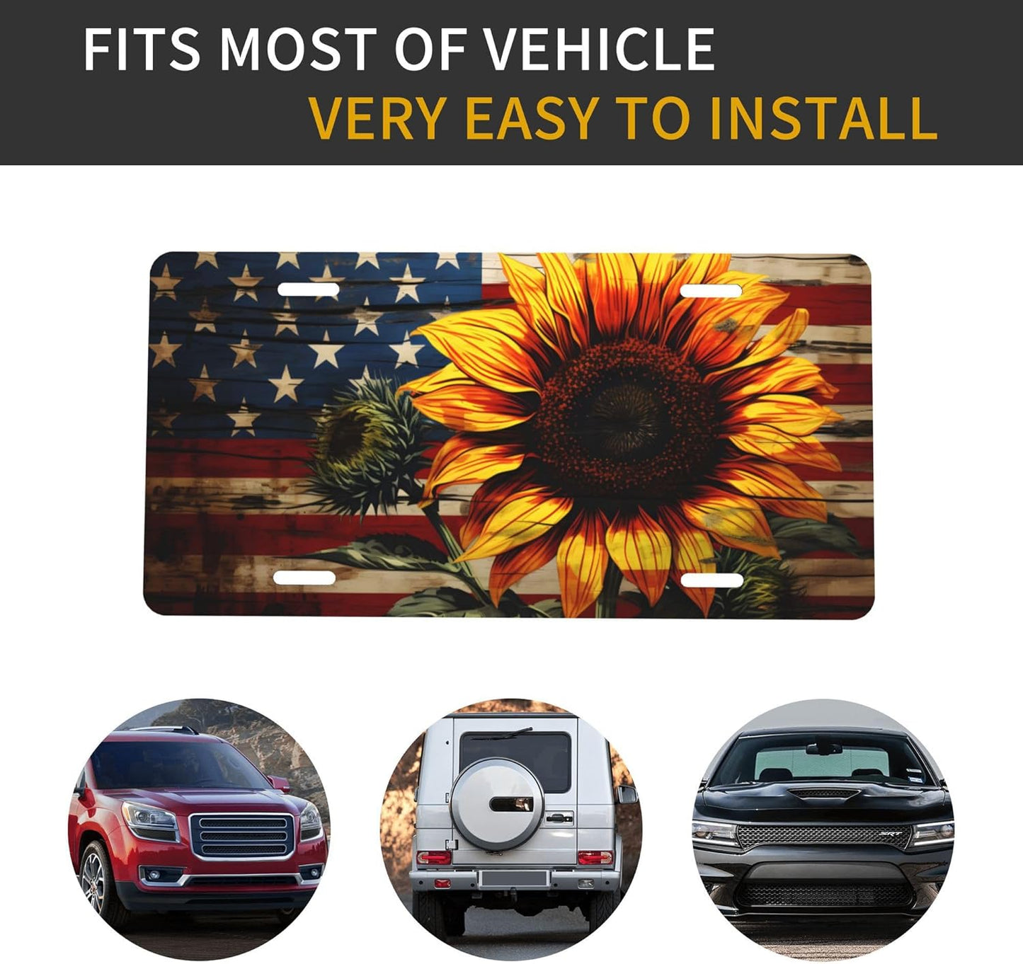 Front License Plate for Car Designs American Flag Sunflower Flower Stainless License Plate Cover Holder for Men Women Metal Aluminum Decorative Accessory Vanity Tag Standard 6 X 12 Inch (4 Holes)