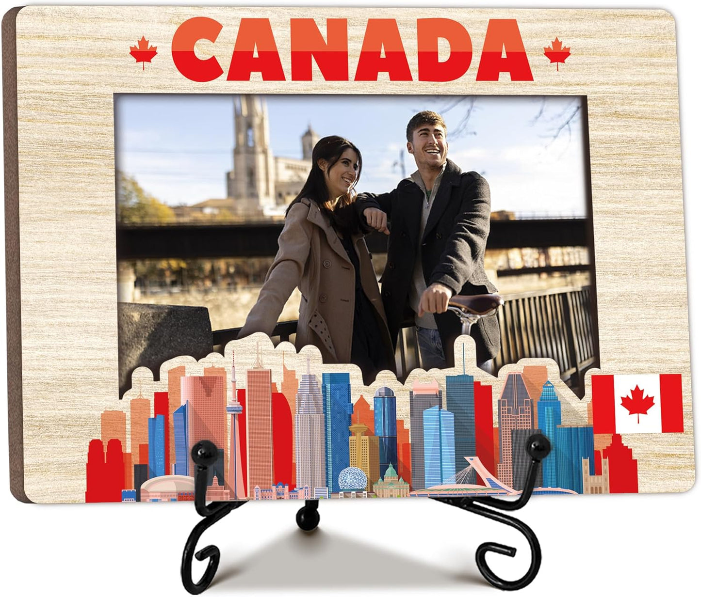 Canada Travel Picture Frame, 5 x 8 Canada Themed Wooden Photo Frame with Stand, Vacation Anniversary Honeymoon Gifts For Friend Family Couples, Home Office Desk Decorations-A05