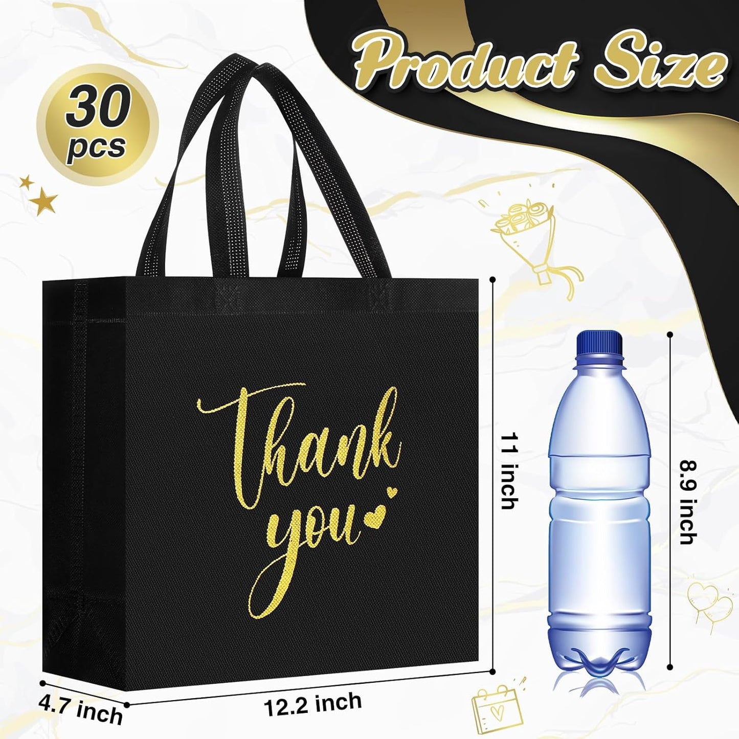 Sweetude 30 Pcs Thank You Gift Bags with Handles Bulk Reusable Goodie Bag Non Woven Foldable Handbag for Graduation Wedding Bridesmaid Gifts(11 x 12 x 5 Inch,Black)
