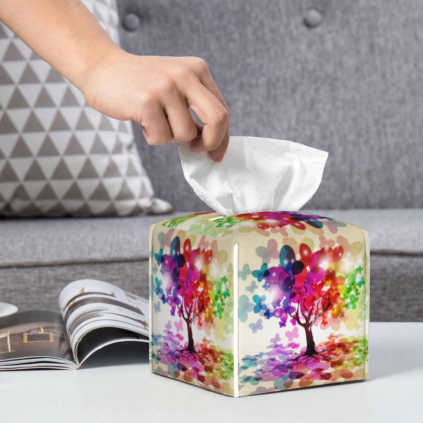 Colorful Tree Tissue Box Cover Leather Tissue Box Holder Square Facial Paper Organizer Dispenser for Bathroom Kitchen Bedroom Vanity Countertop Night Stands