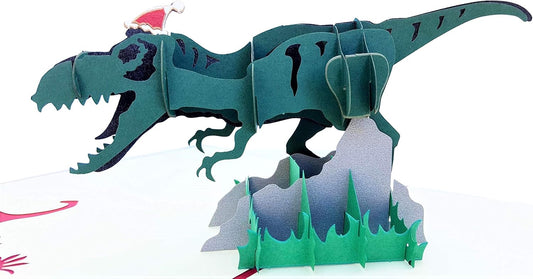 iGifts And Cards Funny Christmas Dinosaur 3D Pop-Up Card – Santa Hat T-Rex with Gifts & Candy Canes – Holiday Greeting for Kids, Dinosaur Lovers, Friends, Coworkers – 6x8 Inches