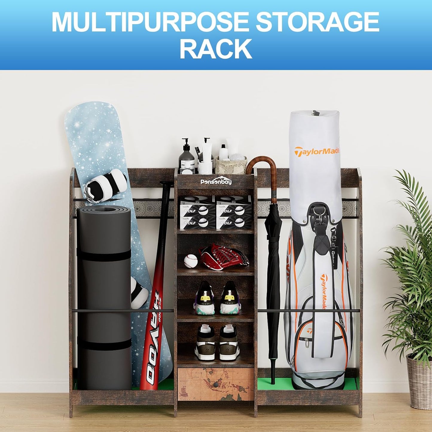 Golf Bag Storage Organizer for Garage, Premium Wooden 2 Golf Bags Rack with Drawer, Easy Assemble Golf Club Stand/Holder Suitable for Garage Home Simulator and Office