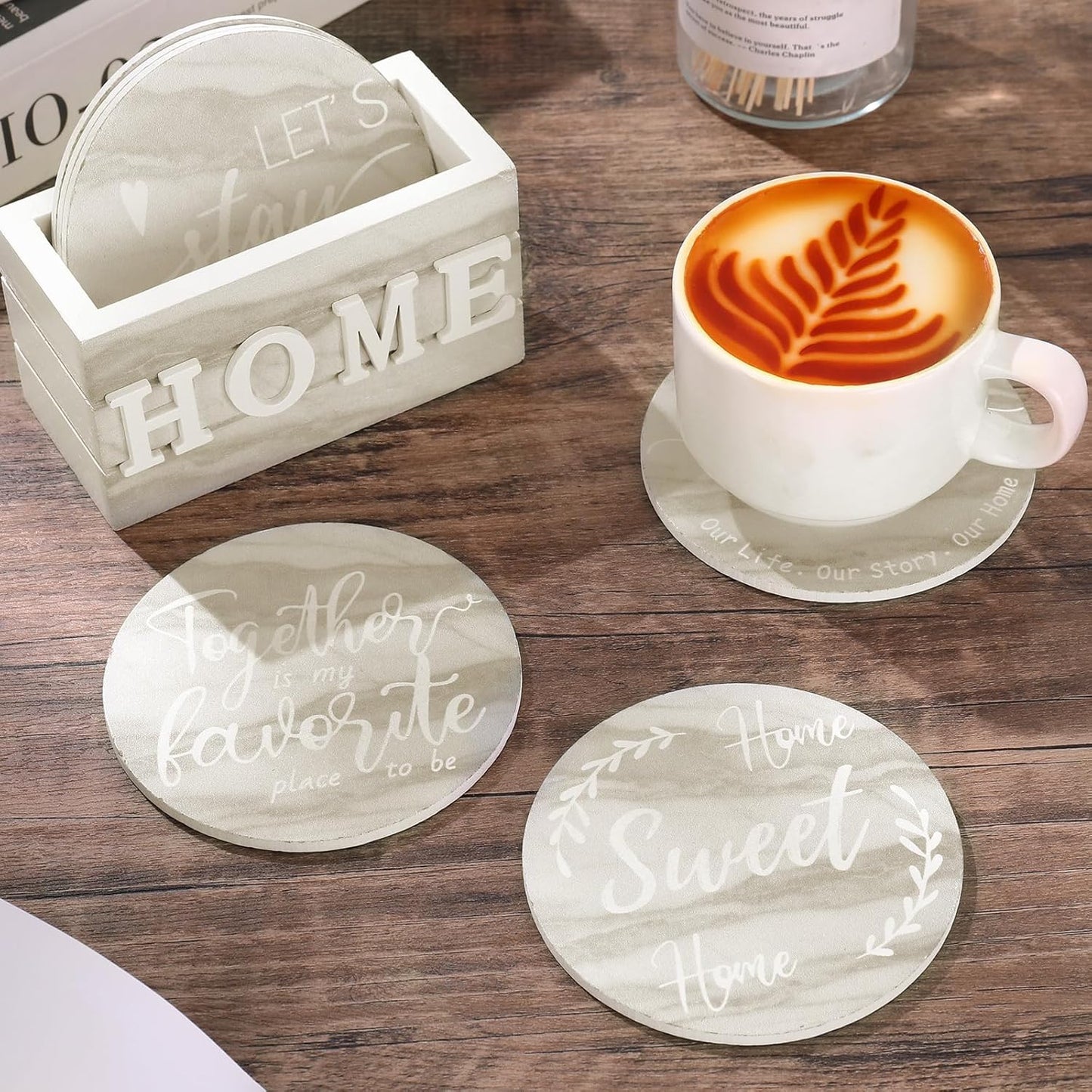 Queekay Housewarming Gifts for Home Decoration Wooden Heart Coasters for Drinks 6 Set Farmhouse Coasters with Holder Funny for Family Coffee Table Protection, 4''(Brown Marble)