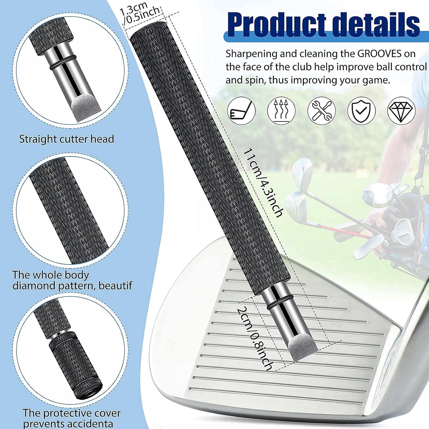 Skylety 3 Pieces Golf Club Groove Sharpener Retractable Brush and 6-Head Groove Sharpener Re-Grooving Tool and Cleaner for All Golf Irons Pitching, Sand, Lob, Approach Wedges, Utility Clubs(Black)