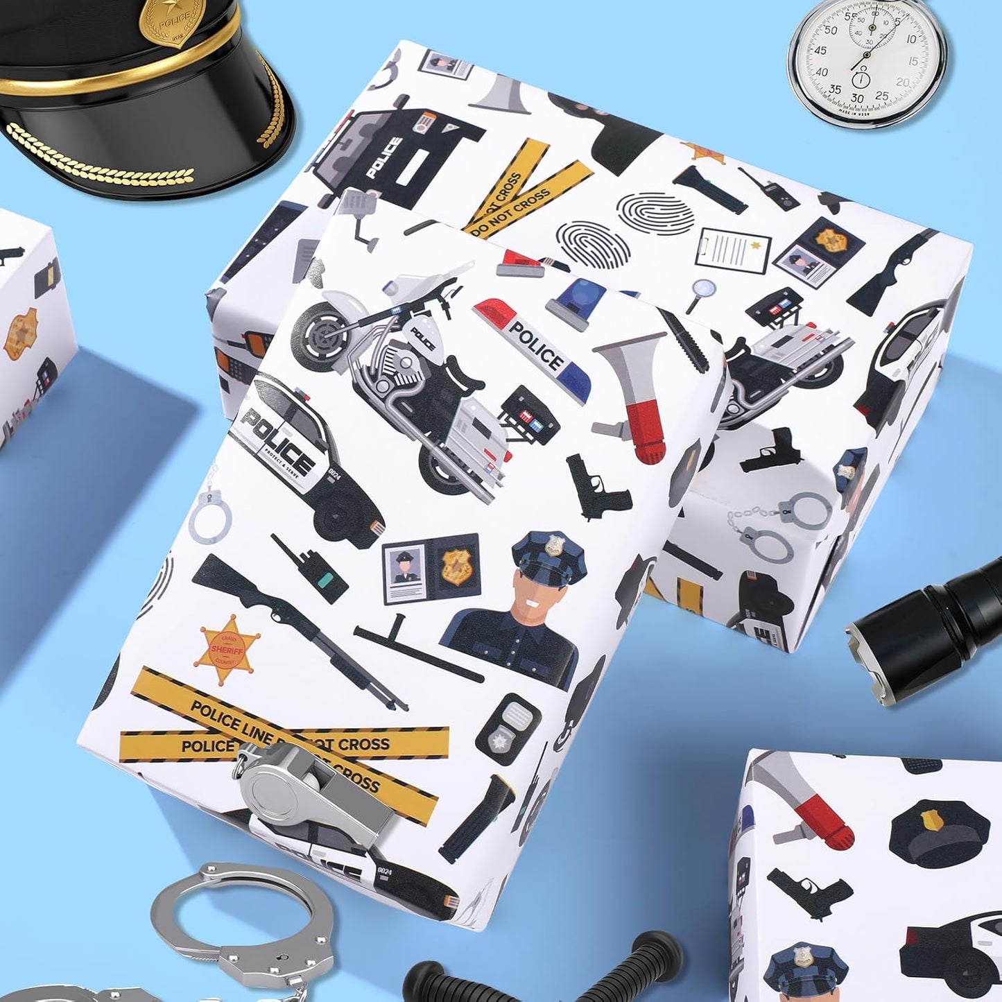 Pineraap Police Wrapping Paper Roll - 17Inch x16.4Feet - Cop Police Theme Gift Wrap for Parties,Birthday,Graduation,Retirement