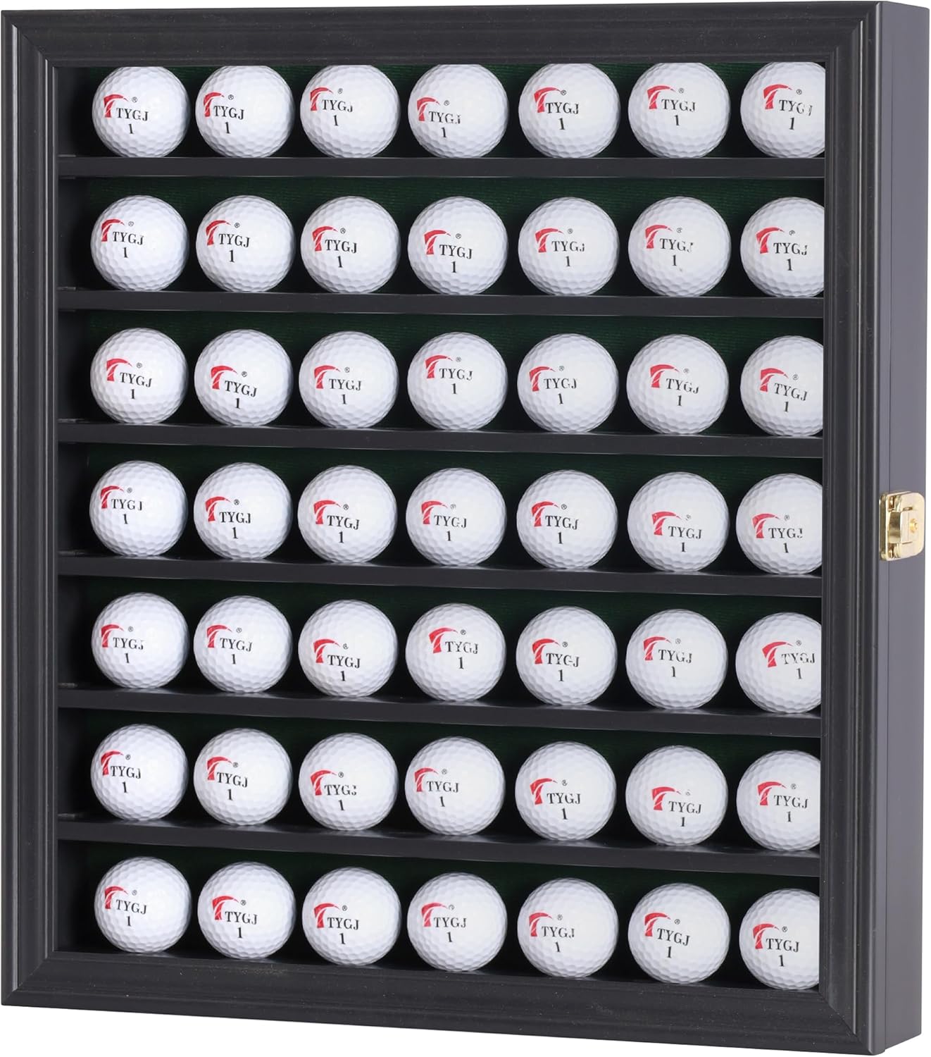 DisplayGifts 49 Golf Ball Display Cabinet Stand Storage Wall Mounted 7 Shelves Display Case Shadow Box with Lockable Door, Great Gift (49 Ball Holder, Black Finish)