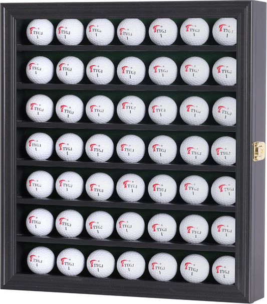 DisplayGifts 49 Golf Ball Display Cabinet Stand Storage Wall Mounted 7 Shelves Display Case Shadow Box with Lockable Door, Great Gift (49 Ball Holder, Black Finish)