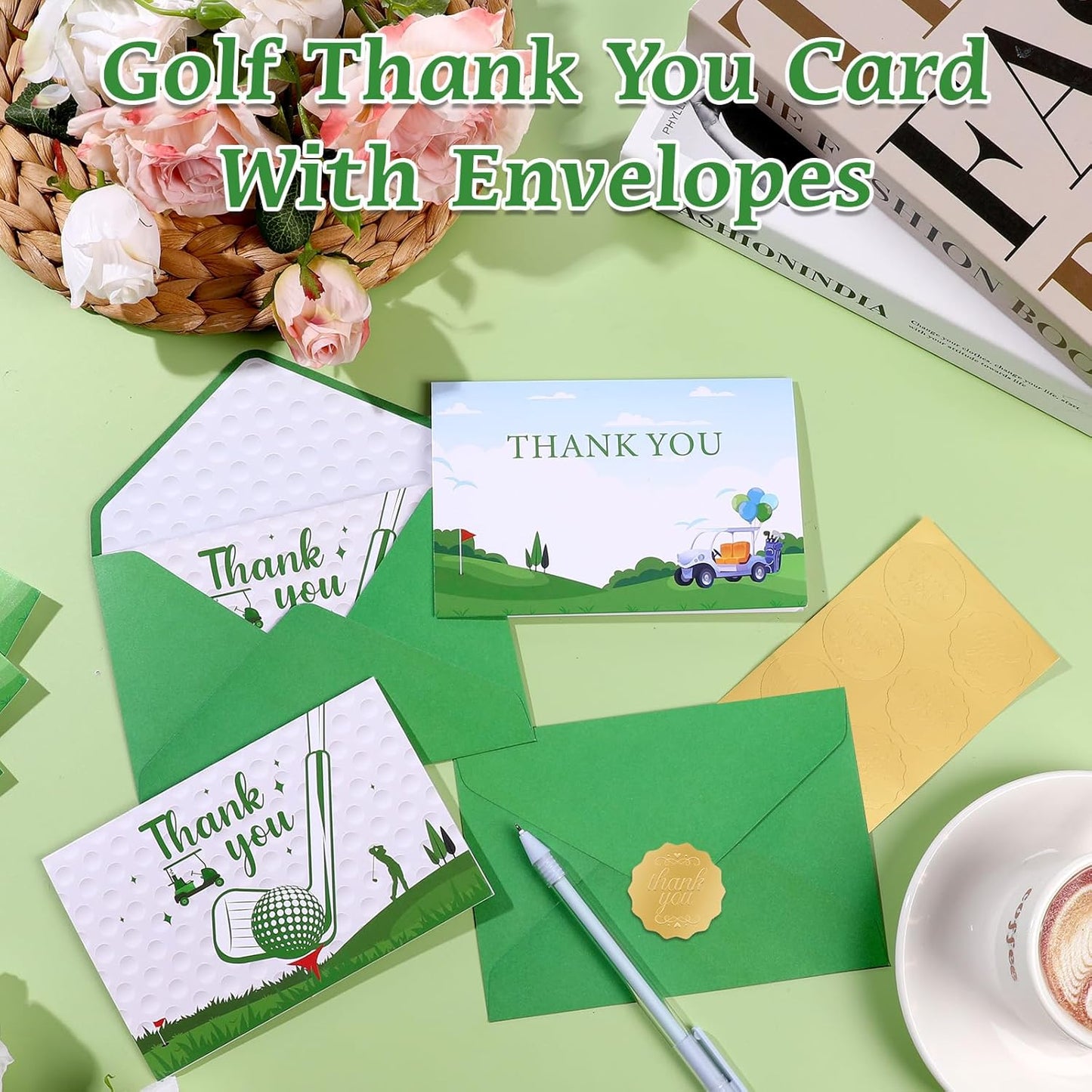 NEWEST 24 Pieces Golf Thank You Cards, 2 Design Golf Greeting Card with Envelopes & Stickers Green White Golf Blank Note Cards for Sports Theme Birthday Baby Shower Retirement Party Favors