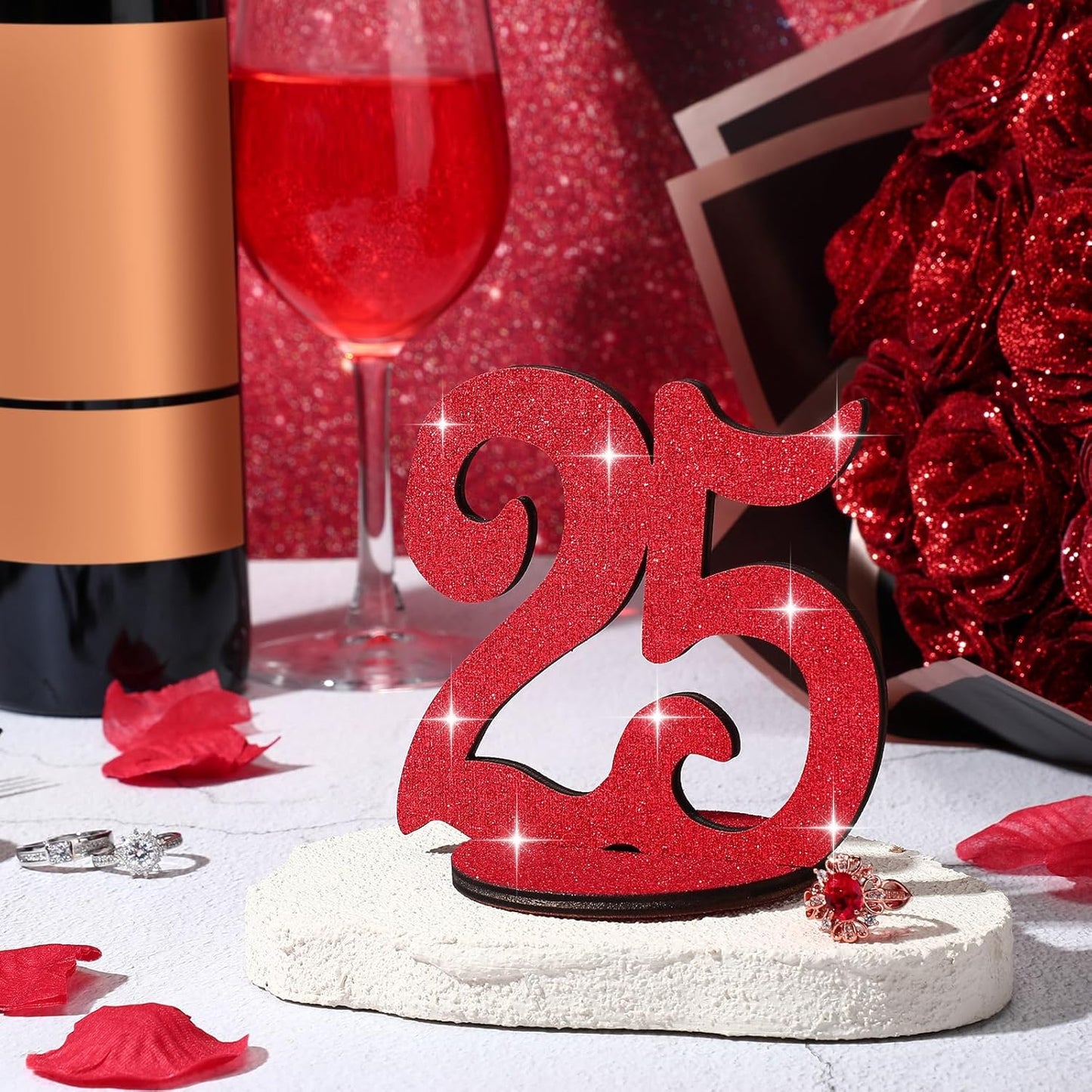 Glitter Table Numbers 1-25 Wooden Table Numbers for Wedding Reception Standing Seat Place Cards with Holder Base for Wedding Party Event Catering Receptions Banquets(Red)