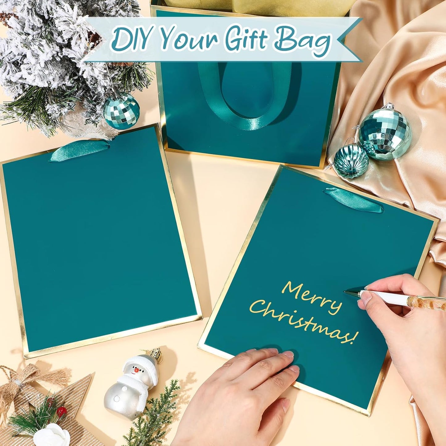 Yeaqee 24 Pack Metallic Paper Gift Bags with Handle and Tissue 9x7x3.1 Gold Foil Welcome Favor Bags Return Gifts for Wedding Fall 5 Senses Christmas Bridesmaid Birthday(Turquoise, Gold)