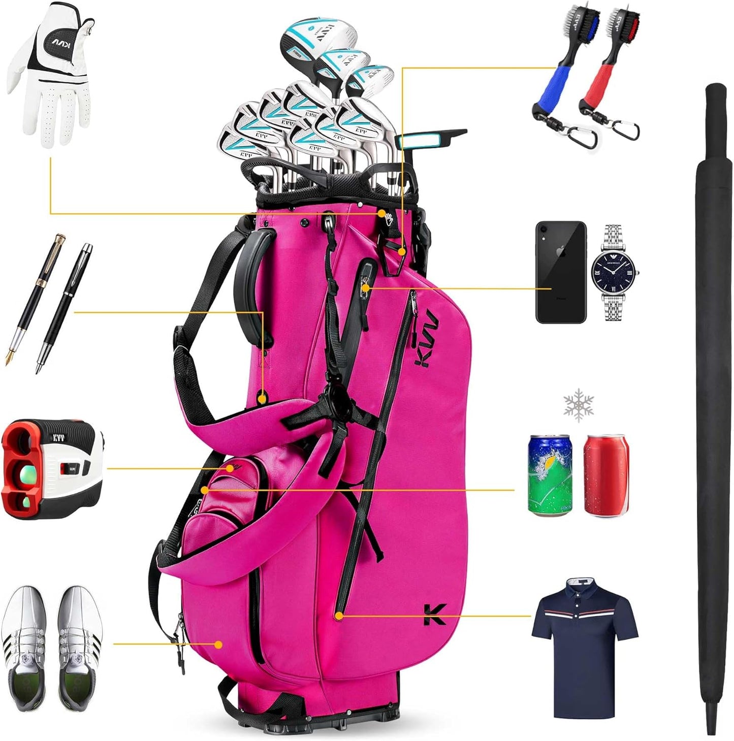 KVV Lightweight Golf Stand Bag with 7 Way Full-Length Dividers, 5 Zippered Pockets, Automatically Adjustable Dual Straps，Elegant Design