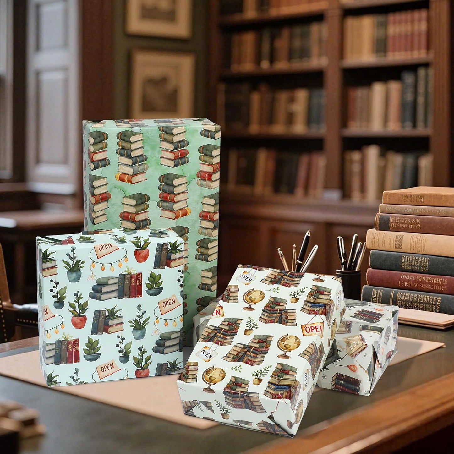 Pineraap Bookish Wrapping Paper 12 Sheets Watercolor Vintage Book Themed Designs Gift Wrap for Book Lovers, Librarians, Bookstores, 20"×28"