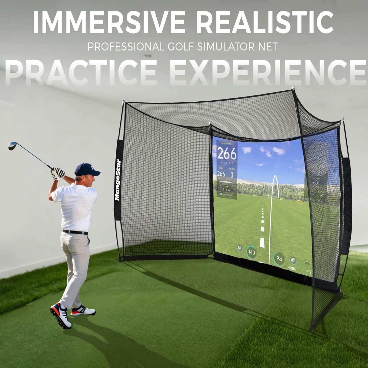 MangoStar Golf Net, 11x8ft Golf Simulators Hitting Net with High-Density Impact Screen and Target Cloth, Heavy Duty Practice Cage for Swing Driving, Home Backyard Garage Indoor Outdoor Use