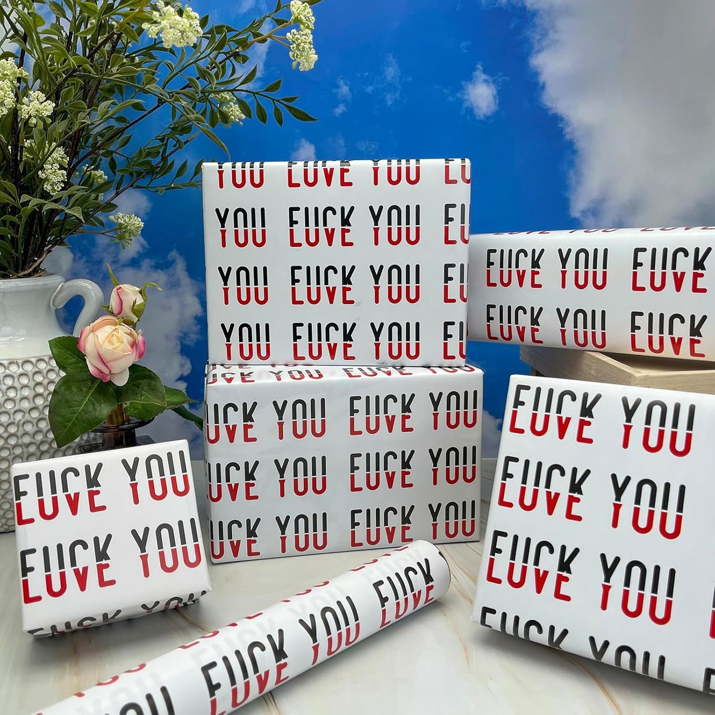 Dtiafu Funny Wrapping Paper for Adult Girlfriend Boyfriend Valentines Day - Fxxk You Love You Words Great for Birthday Wedding - 20 x 28 Inch Per Sheet(6 Sheets)