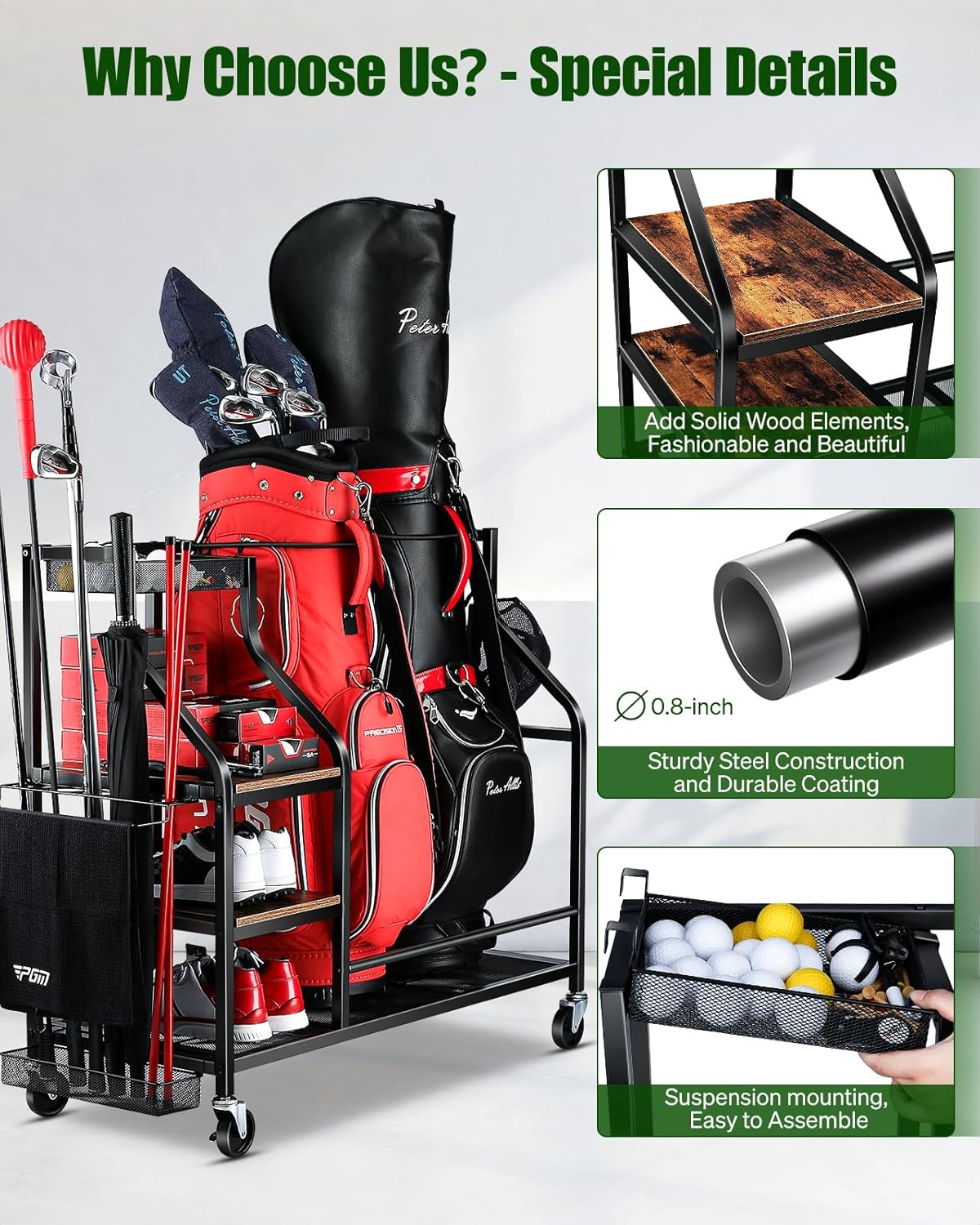Golf Bags Storage Garage Organizer- Golf Bag Stand for Golf Bags, Clubs, Balls, Golf Equipment Accessories, Golf Bag Storage Rack with Wheels for Garage, Club, Basement