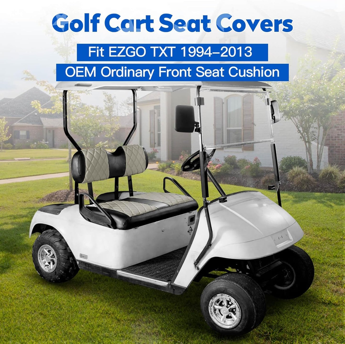 NOKINS Golf Cart Diamond Seat Covers Kit, Fit for EZGO TXT 1994-2013/EZGO RXV OEM Standard Front Seat Cushion, Golf Cart Vinyl Seat Cover, No Nails Required (Oyster Gray and Black)
